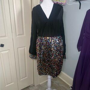 Black Long-Sleeve Dress with Multicolor Sequin Skirt